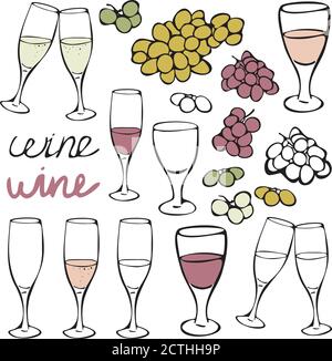 Vector handgezeichnetes Set von Weinläsern, Trauben und Glaswaren. Vektorgrafik Kollektion für Restaurant. Stock Vektor