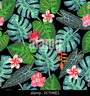 Aquarell abstrakt Sommer nahtlose Muster mit hellen tropischen Pflanzen auf schwarzem Hintergrund. Aquarell von Hand gezeichnete exotische Blätter und Blumen. Drucken f Stockfoto