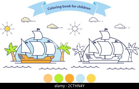 Eine Reise auf einer Galeone Palme.Segelschiff Bild für Kinder. Stock Vektor