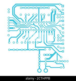 Blaue Leiterplatte isoliert auf weiß. Breite Linien und runde Stifte an den Enden. Element für technische Designs. Vektor EPS 10. Stockfoto