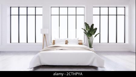 Schlafzimmer innen Loft-Stil weiße Wand Ziegel. 3D-Rendering Stockfoto