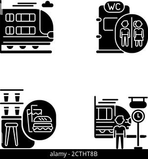 Eisenbahndienste schwarze Glyphen Symbole auf weißem Raum gesetzt Stock Vektor