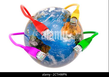 Erdkugel mit lan-Kabeln. Globales Internet-Verbindungskonzept. 3D-Rendering auf weißem Hintergrund isoliert Stockfoto