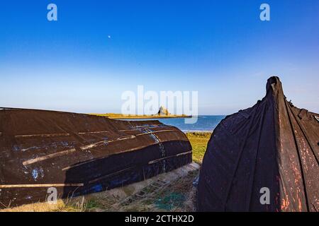 Fischerhütten auf Holy Island, Lindisfarne, England Stockfoto