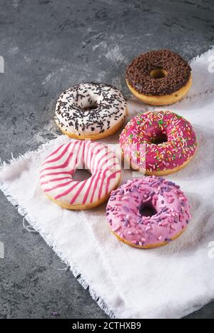 Gebackene süße leckere Donuts mit Gebäck Krume auf grauem Beton Hintergrund. Alles Gute Zum Donut Day. National Donut Day Poster. Amerikanische Delikatessen Stockfoto