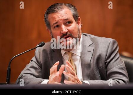 Senator Ted Cruz (R-Texas) stellt den amtierenden Sekretär des Heimatschutzministeriums, Chad Wolf, während seiner Bestätigungsverhandlung des Senats des Ausschusses für innere Sicherheit und Regierungsangelegenheiten am Mittwoch, den 23. September 2020 vor.Quelle: Greg Nash/Pool via CNP /MediaPunch Stockfoto