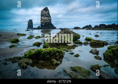 Dramatisches blaues Licht über Needles in Cannon Beach, Oregon Stockfoto