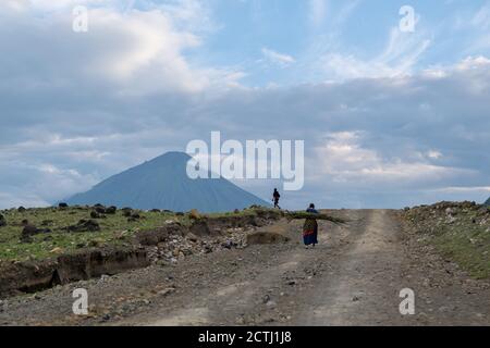 TANSANIA, OSTAFRIKA - JANUAR 2020: Masai-Frau in traditioneller Kleidung und Waffen wandern in der Savanne an der Gravel Road mit Bergen auf Stockfoto