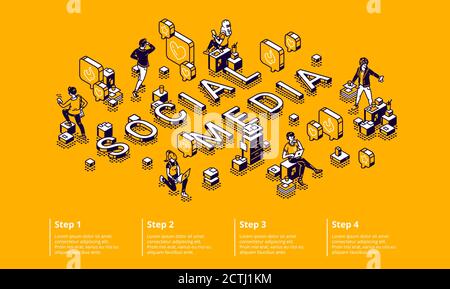 Social Media isometrische Infografik Konzept mit winzigen Zeichen mit Gadgets, arbeiten am Computer, kommunizieren und chatten in Internet-Netzwerken rund um riesige Smartphone 3d-Vektor-Linie Kunst Infografiken Stock Vektor