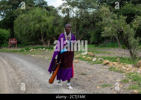 TANSANIA, OSTAFRIKA - JANUAR 2020: Masai-Frau in traditioneller Kleidung und Waffen wandern in der Savanne an der Gravel Road Stockfoto