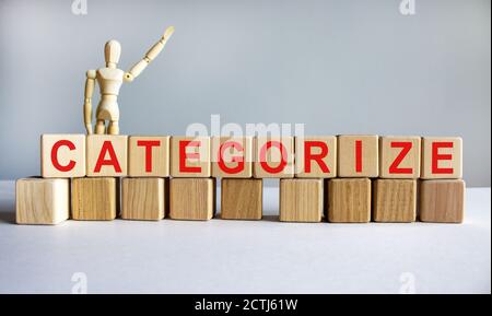 'Kategorisieren' auf Holzblöcken geschrieben. Geschäftskonzept. Holzmodell des Menschen. Speicherplatz kopieren. Schöner weißer Hintergrund. Stockfoto
