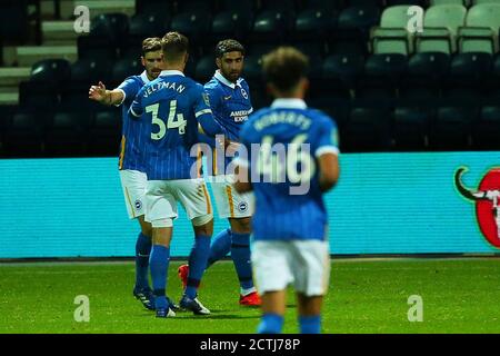 PRESTON, ENGLAND. 23. SEPTEMBER 2020 Brightons Alireza Jahanbakhsh feiert Torreigen, um es 1-0 während des Carabao Cup-Spiel zwischen Preston North End und Brighton und Hove Albion in Deepdale, Preston am Mittwoch 23. September 2020. (Kredit: Chris Donnelly, MI News) Kredit: MI Nachrichten & Sport /Alamy Live Nachrichten Stockfoto