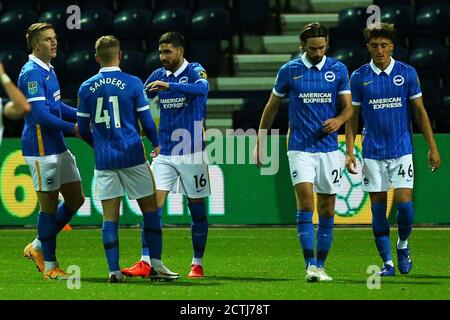 PRESTON, ENGLAND. 23. SEPTEMBER 2020 Alireza Jahanbakhsh feiert Torreigen um es 1-0 während des Carabao Cup Spiels zwischen Preston North End und Brighton und Hove Albion in Deepdale, Preston am Mittwoch 23. September 2020. (Kredit: Chris Donnelly, MI News) Kredit: MI Nachrichten & Sport /Alamy Live Nachrichten Stockfoto