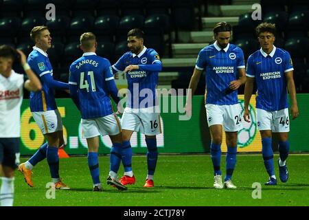 PRESTON, ENGLAND. 23. SEPTEMBER 2020 Alireza Jahanbakhsh feiert Torreigen um es 1-0 während des Carabao Cup Spiels zwischen Preston North End und Brighton und Hove Albion in Deepdale, Preston am Mittwoch 23. September 2020. (Kredit: Chris Donnelly, MI News) Kredit: MI Nachrichten & Sport /Alamy Live Nachrichten Stockfoto