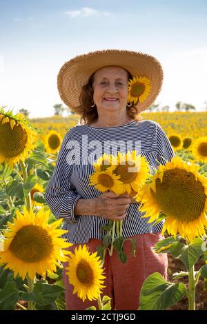 Porträt einer alten Frau mit Sonnenblumen in den Händen. Sie ist glücklich in der Natur. Stockfoto