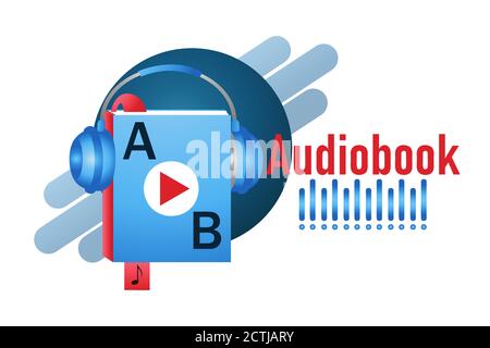 Hörbuch online e-Bibliothek flaches Symbol. Vektor-Buchsymbol mit Lesezeichen, Kopfhörer. Audioleser, Fernunterricht. Melden Sie sich für mobile App, Buchhandlung Stock Vektor
