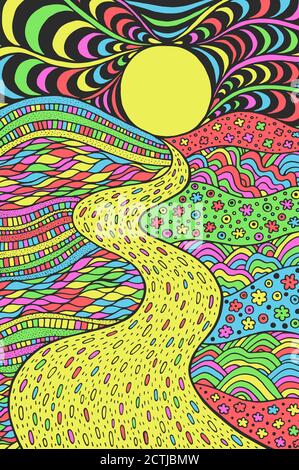 Psychedelische Landschaft. Farbenfrohe, trippige Kunstwerke mit Strichkunst. Pfad in Wiesen und Wellen. Illustration am Meer. Doodle-Zeichnung. Vektorgrafiken Stock Vektor