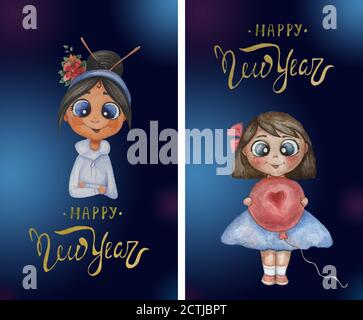 Vertikale Baby-Karten mit Weihnachtsgrüßen. Nette Mädchen mit Blumen und einem Ballon auf einem blauen dekorativen Hintergrund. Lettering - Frohes Neues Jahr Stockfoto