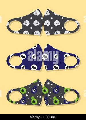 Set von Designs wiederverwendbare Mund Kinder lustige Masken mit Totenkopf Nahtloses Muster Stock Vektor