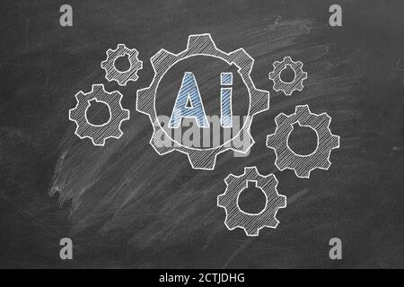 Menschliche Gehirnform von Zahnrädern auf der Tafel. Konzept der künstlichen Intelligenz. Stockfoto