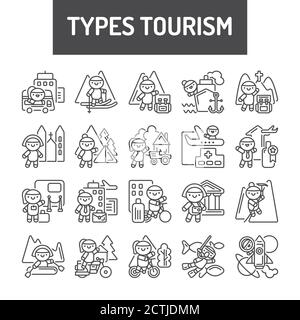Typen Tourismus Linie schwarz gesetzt. Nette Charaktere auf Reise kawaii Piktogramme. Zeichen für Webseite, mobile App, Schaltfläche, Logo. Vektor isoliertes Element Stock Vektor