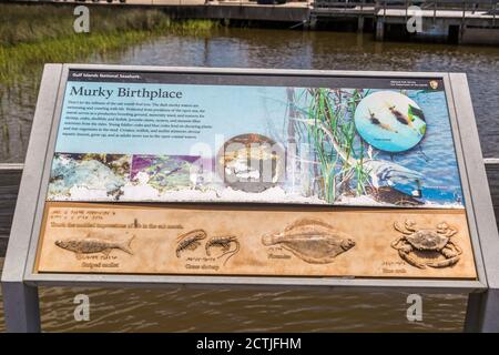 Hinweisschild an der Davis Bayou Gegend der Gulf Islands National Seashore in Ocean Springs, Mississippi Stockfoto