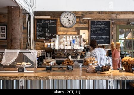 Rückansicht einer anonymen Frau, die an der Theke steht, während sie nicht erkennbar ist Barista bereitet Kaffee in einem gemütlichen Café zu Stockfoto