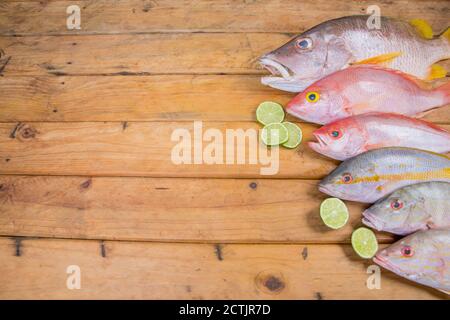 Karibischer frischer Fisch Meeresfrüchte auf altem Holztisch. Draufsicht. Nahaufnahme. Stockfoto