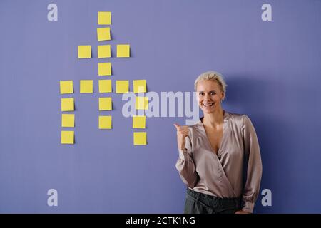 Lächelnde Geschäftsfrau mit gelben Haftnotizen an blauer Wand Im Büro Stockfoto