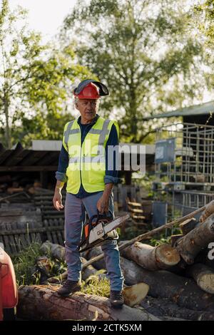 Mann, der die Kettensäge hält, während er im Wald über einem umgestürzten Baum steht Stockfoto