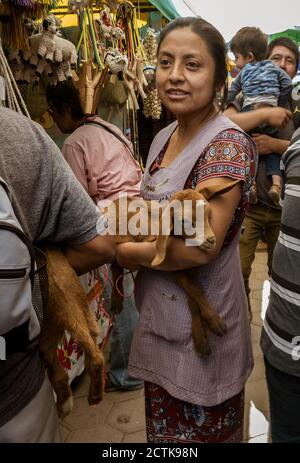 Oaxaca, Mexiko - 2019-11-30 - junge Frau hält Baby Bock zum Verkauf am Markt. Stockfoto