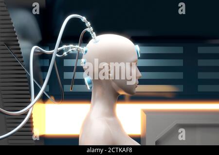 3D-Illustration Rendering des menschlichen Gehirns mit Drähten verbunden Stockfoto