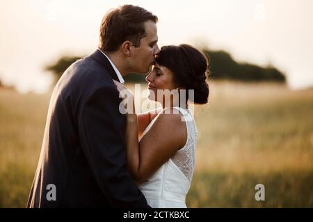 Bräutigam küsst Braut auf Stirn, während im Feld stehen während Sonnenuntergang Stockfoto