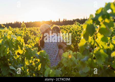 Mutter hält ihre Tochter in einem Weinberg bei Sonnenuntergang in der Provence, Frankreich Stockfoto