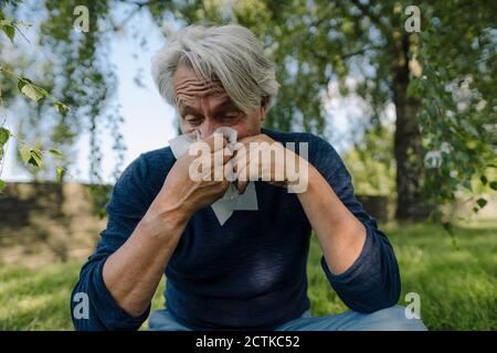 Faltiger Mann, der Nase bläst, während er auf dem Feld sitzt Stockfoto