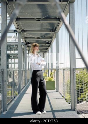 Nachdenkliche Geschäftsfrau mit gekreuzten Armen, die auf einer Fußgängerbrücke im Gewächshaus steht Stockfoto