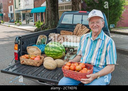 Alabama Madison Pick-up-LKW-Produkte, Verkäufer Verkauf Gemüse Gemüse Obst lokal angebauten Tomaten Wassermelone Cantaloupe, Stockfoto