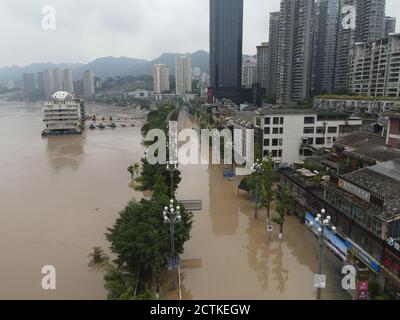 Luftaufnahme vom 19. August 2020 zeigt das überflutete Gebiet im Bezirk Nan'an, südwestlich der chinesischen Gemeinde Chongqing. Chongqing Kommune, locat Stockfoto