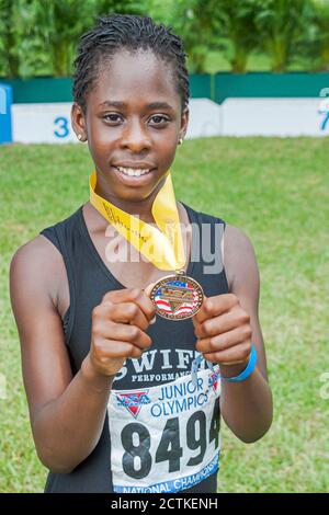 Miami Florida, Tropical Park, USA Track & Field National Junior Olympics, Studenten Wettkampfsport, Athleten Black African Africans T-Shirt Stockfoto