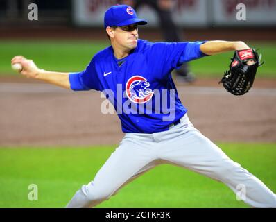 Pittsburgh, Usa. September 2020. Chicago Cubs Start Pitcher Kyle Hendricks (28) wirft in der ersten Inning gegen die Pittsburgh Pirates im PNC Park am Mittwoch, 23. September 2020 in Pittsburgh. Foto von Archie Carpenter/UPI Kredit: UPI/Alamy Live News Stockfoto