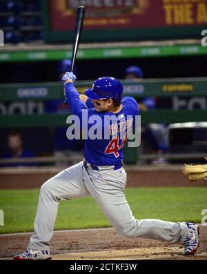 Pittsburgh, Usa. September 2020. Chicago Cubs Anthony Rizzo (44) trifft als Homer im ersten Inning gegen die Pittsburgh Pirates im PNC Park am Mittwoch, 23. September 2020 in Pittsburgh. Foto von Archie Carpenter/UPI Kredit: UPI/Alamy Live News Stockfoto