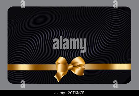 Hier ist eine leere Geschenkkarte mit goldenem Band und Schleife. Text-, Kopier- oder Kunstbereich ist auf der Karte verfügbar. Stockfoto