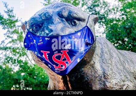 Das Maskottchen der University of South Alabama, der jaguar, trägt eine Maske, um COVID-19, 22. August 2020, in Mobile, Alabama zu verhindern. Stockfoto