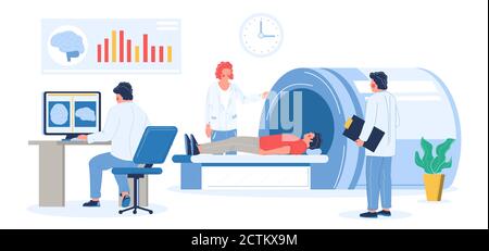 MRT-Untersuchung Verfahren in der Klinik. Ärzte, medizinische Fachkräfte, die Kopf mrt-Scan des Patienten, flache Vektor-Illustration. Stock Vektor