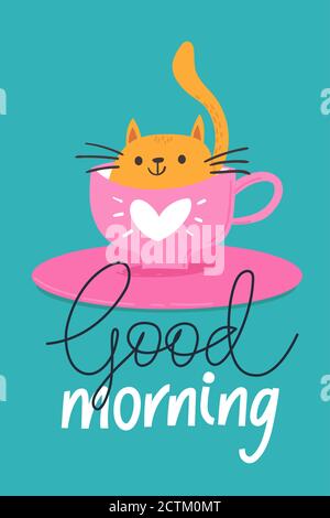 Trendy Poster mit niedlichen Cartoon-Katze und guten Morgen Zitat. Stock Vektor