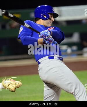 Pittsburgh, Usa. September 2020. Chicago Cubs Anthony Rizzo (44) startet am Mittwoch, den 23. September 2020 in Pittsburgh zur ersten Basis im siebten Inning des Pittsburgh Pirates 2-1-Sieges im PNC Park. Foto von Archie Carpenter/UPI Kredit: UPI/Alamy Live News Stockfoto