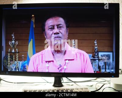 Tommy Esang Remengesau Jr., Präsident der Republik Palau, spricht während der Generalversammlung der Vereinten Nationen auf einem Computermonitor. Die Vereinten Nationen halten virtuelle Treffen der 75. Generalversammlung während der Pandemie COVID-19 ab Stockfoto
