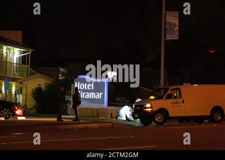 San Clemente, Kalifornien, USA. September 2020. Ein Schwarzer wurde am Mittwoch vor dem Hotel Maramar in San Clemente erschossen. Sgt. Dennis Breckner sagte, dass ein Kampf stattgefunden habe und der Mann griff nach der Waffe eines Abgeordneten, bevor er zweimal erschossen wurde. Eine Untersuchung wird durchgeführt. Quelle: Katrina Kochneva/ZUMA Wire/Alamy Live News Stockfoto