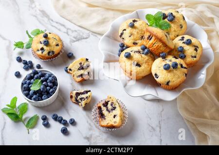 Heidelbeer-Muffins gebacken mit frischen Heidelbeeren auf einem weißen Kuchenständer mit frischer Minze auf einem weißen Holzhintergrund, Draufsicht, Nahaufnahme Stockfoto