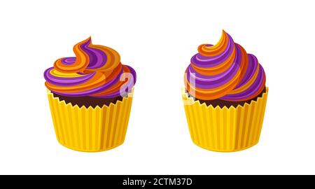 Halloween Cupcakes mit wirbelter Vereisung. Muffins mit violettem und orangefarbenem Zuckerguss für Halloween-Party. Vektor-Illustration in niedlichen Cartoon-Stil Stock Vektor